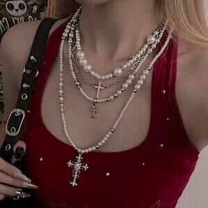 Multilayer Pearl Cross Punk Necklace